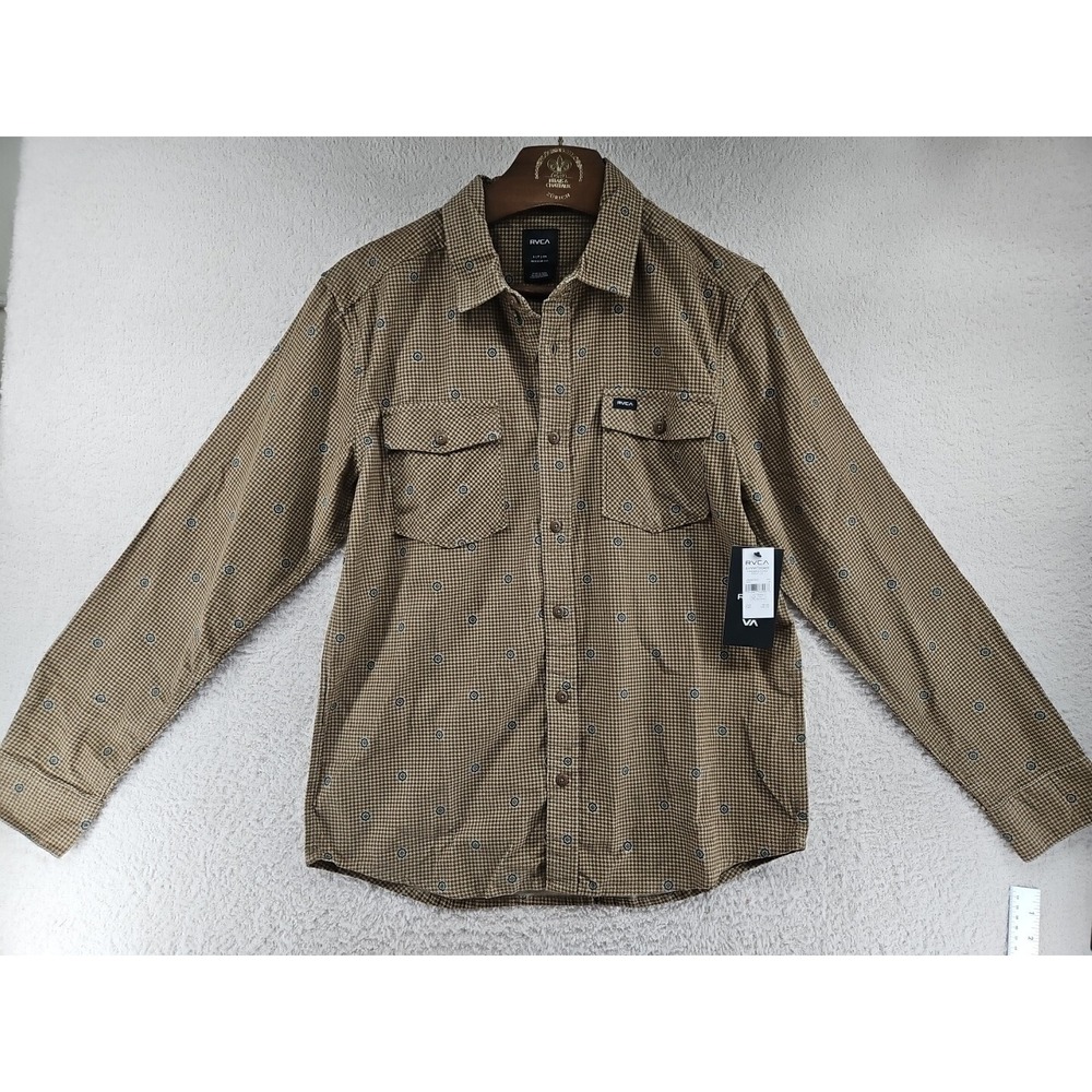 RVCA Freeman Cord Print Brown Long Sleeve Button Up Shirt Men's Regular Fit Sm